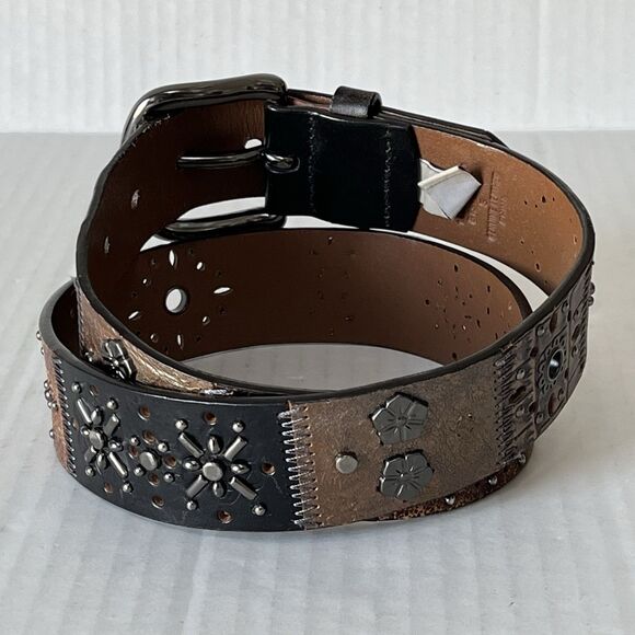 Y2K FOSSIL Leather Patchwork Belt  Small Floral Studded Tooled Western Vintage main image 16